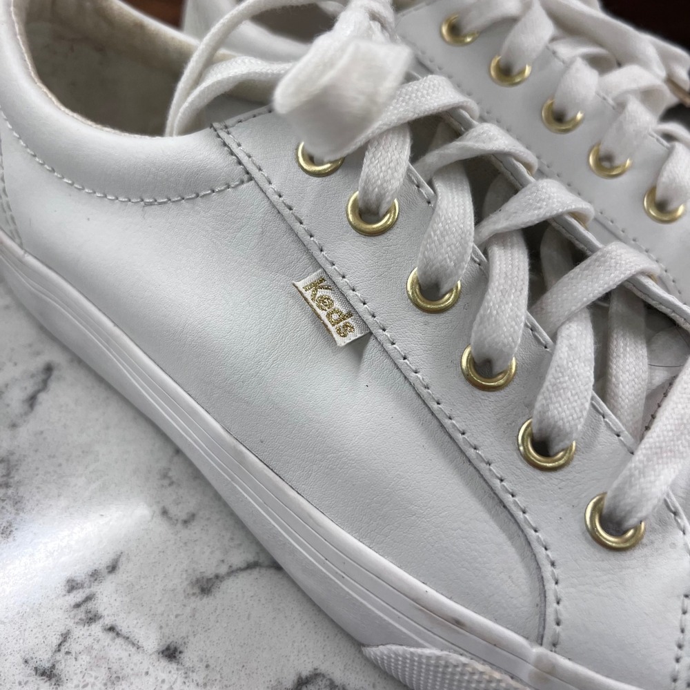 Keds Jump Kick White Leather Low Top Sneakers Gold Eyelets Womens 9.5 WH63681 - Picture 2 of 9